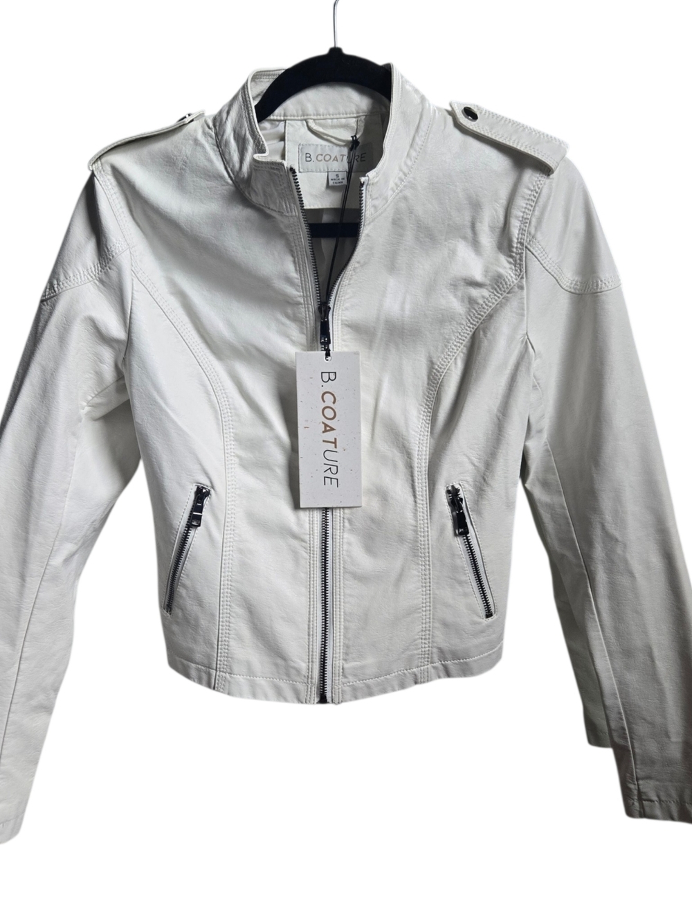 B Coature White Cropped Faux Leather Moto Jacket Zip Biker NWT S